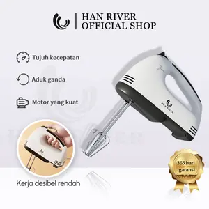 [COD]HAN RIVER Mixer/Hand Mixer HRDDQ01WT- Putih  Alat Pengocok Telor Pengaduk Adonan dengan 7 Kecepatan Otomatis Garansi Resmi  1 Tahun Peralatan