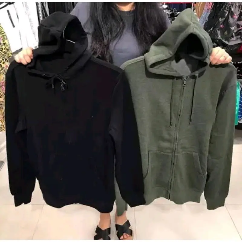 JAKET Hoodie Zipper pria wanita polos Lembut Panjang Sweater Keren Hitam 3