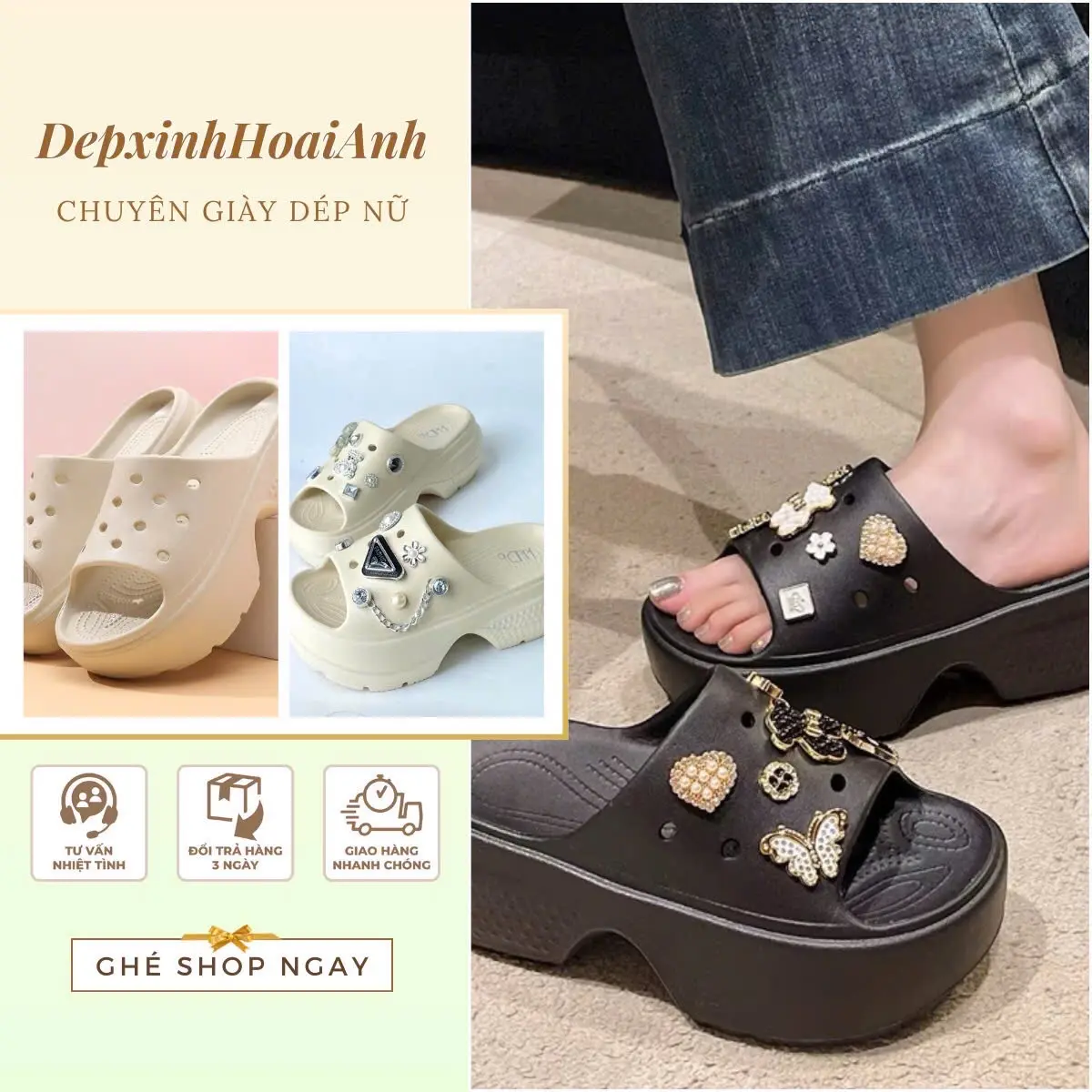 Dép nữ đế cao 6,5cm gắn charm siêu xinh xắn mã 205 - Chất liệu tốt tự nhiên - GiàY, Shoes DéP Nhung Len