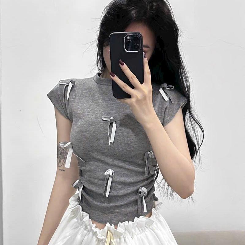 Áo thun nữ đính nơ tay hến vạt bầu nhún hai bên eo tôn dáng