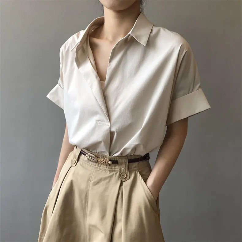[Ready Stock] Women Casual Style Half Sleeve Blouse Pure Color V-neck Loose Shirt