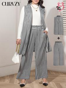 CURVZY Plus Size Two-Piece Set Houndstooth Print Lapel Neck Open Front Vest Blazer & Pocket Wide Leg Pants, Casual Sleeveless Top & Trousers for Work Office Business, Women's Two-piece Outfits for Spring & Fall
