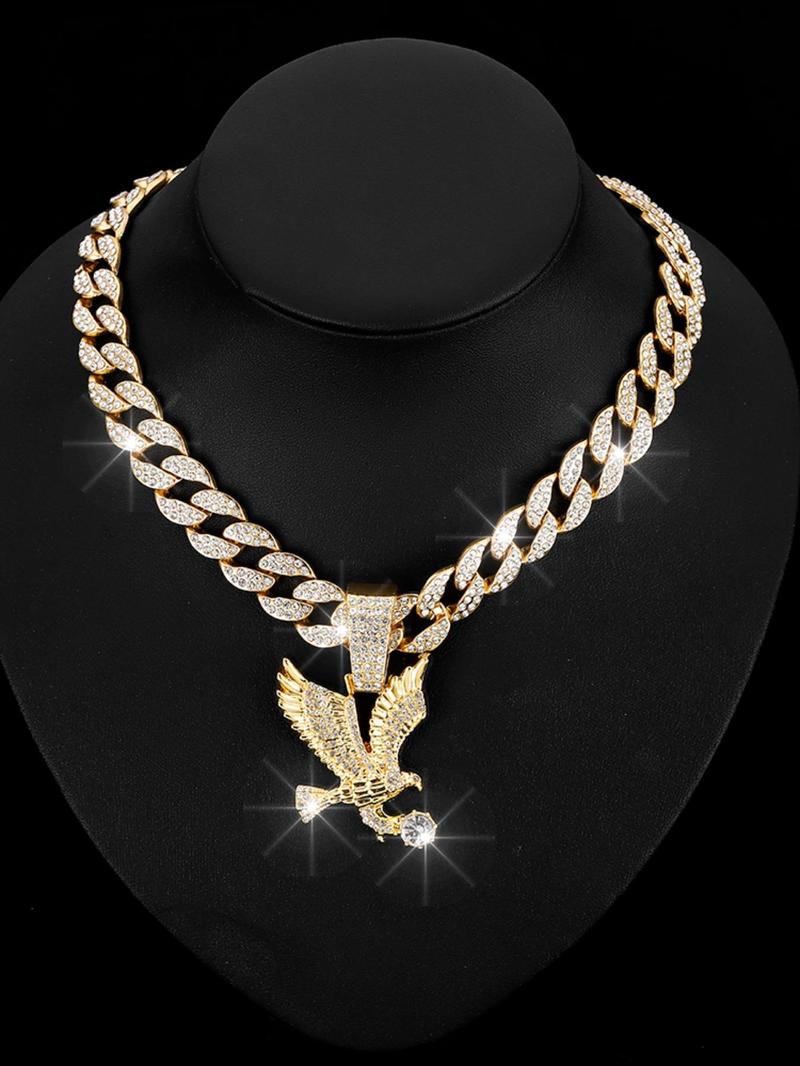 Product Introduction of Rhinestone Eagle Decor Pendant Necklace for Women & Men, Fashion Cuban Link Chain Jewelry for Party, Daily Clothing Decor, Classic Punk Accessories for Daily Wear 11