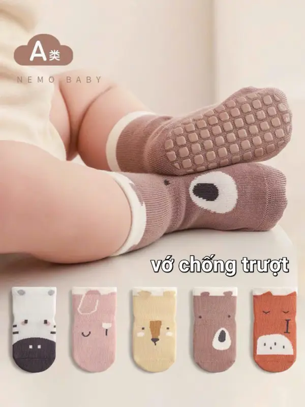 [Kèm Quà Tặng] Combo 10 đôi tất chống trượt cho bé 0-3 tuổi, Vớ tập đi hình thú Vải Cotton Len mềm mại ấm áp  BN03 Kem 5