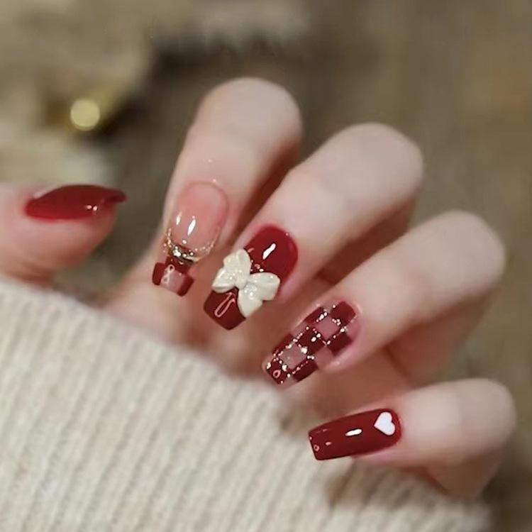 Product Introduction of Handmade Wear Armor Nail Stickers Butterfly Love Chessboard Grid Jelly Glue Fake Nails 0