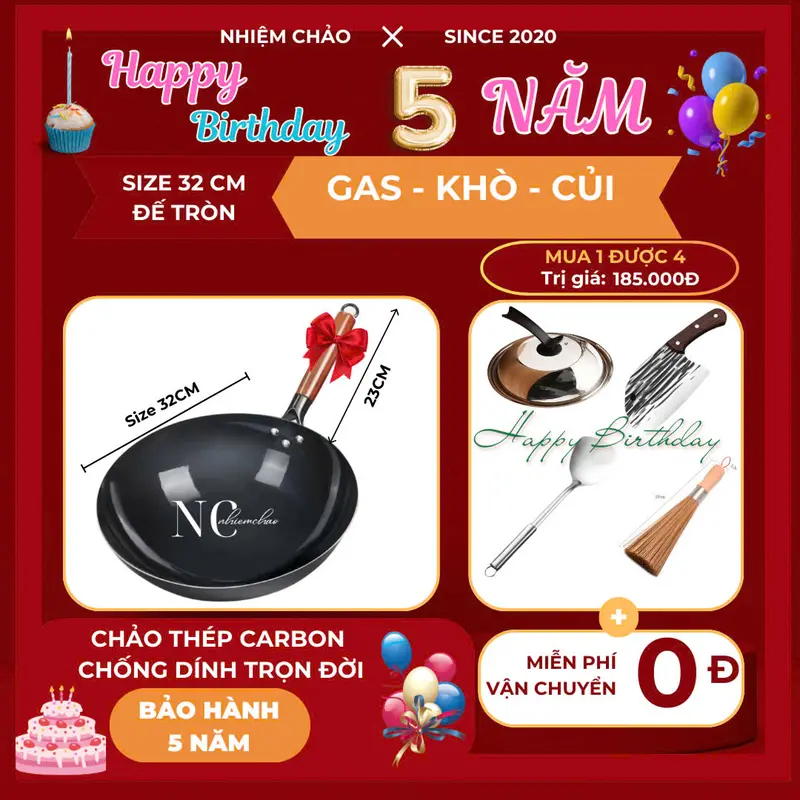 Đáy Tròn Chảo Thép Carbon  32cm Chống Dính - Tặng Dao Chổi Xẻng và Vung.. 0