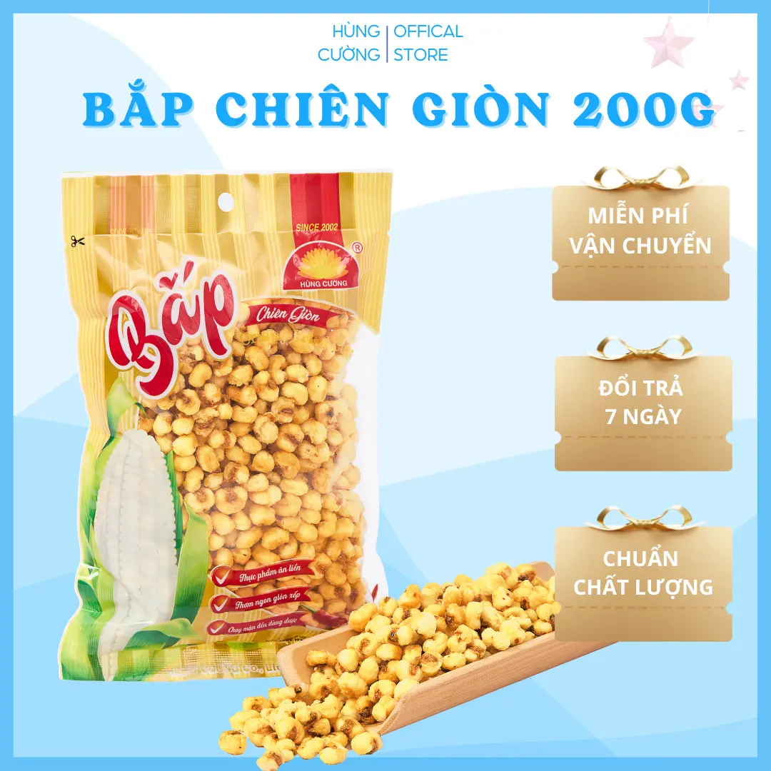 Bắp chiên 200g, bắp chiên Hùng Cường, ăn vặt ngon giòn, snack ăn vặt, snack food, ăn vặt tuổi thơ
