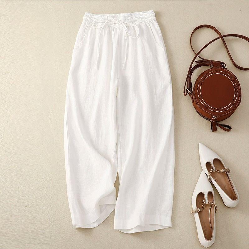 Quần Dài Vải Lanh Cotton, Eo Co Giãn, Phong Cách Cổ Điển Thẳng, Dành Cho Nữ, Thường Ngày, Hàng Mới Về, Quần Cropped 3