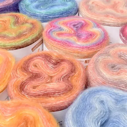 Len Mohair loang cầu vồng móc hoa , quần áo, mũ khăn quàng độc đáo