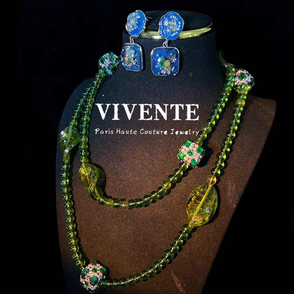 New Chinese Emerald Sweater Chain Vintage Palace Style Natural Stone Colored Glaze High-Grade Middle Ancient Style Necklace Earrings