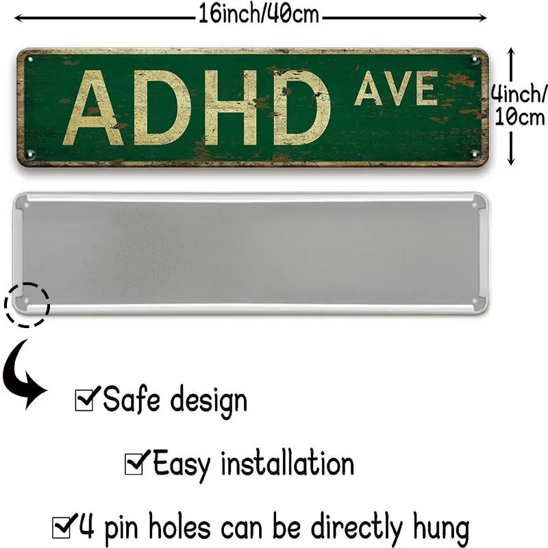 ADHD AVE Lettering Metals Tin Sign, Street Sign, Wall Art for Home Decor, Bar, Cafe, and Garage Decor, Vintage Decorative Plaque Decor, House Number Plate, Signage, Decorating, Decoration Items, Bedroom Decor, Vintage Garage Signs, Home Decor Products 4