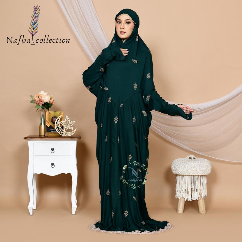 NAFHA - Mukena Terusan Dewasa Nafha Bordir Daily Tropical Katun Mukenah Rayon Wanita Muslim Putih Traveling Panjang 5
