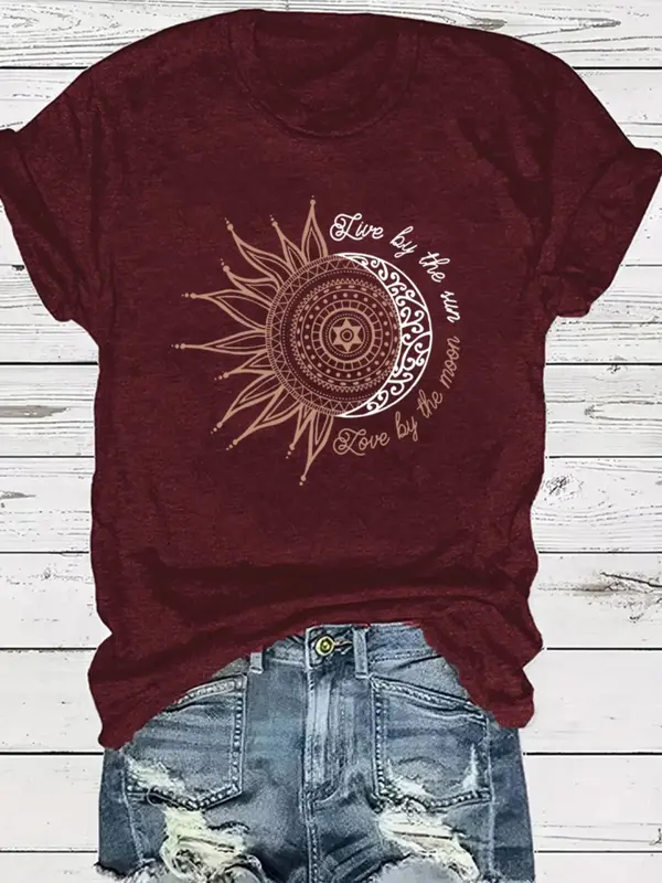 Women's Sun & Moon Print Round Neck Graphic Tee, Summer Clothes Women, Casual Short Sleeve T-Shirt for Summer, Women's Top for Daily Wear 3