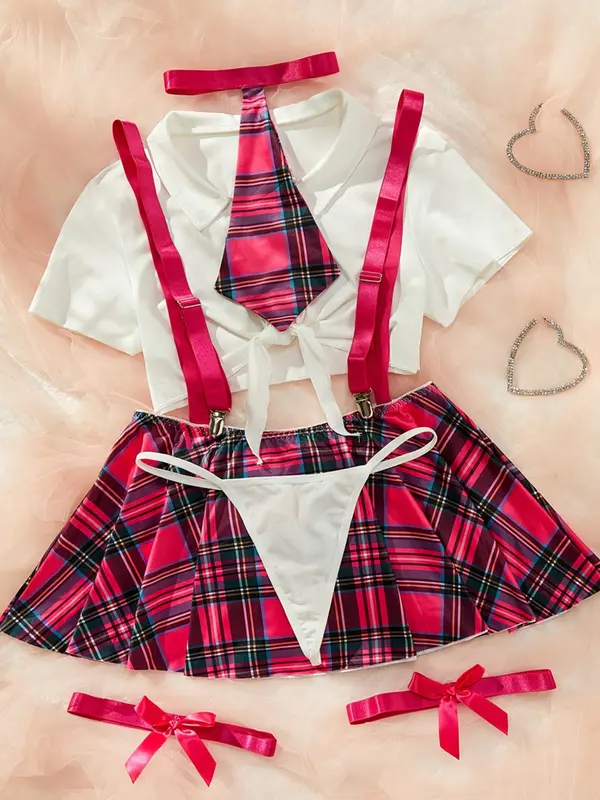 Women's Plain Knot Front Crop Top & Plaid Print Pleated Suspender Skirt & Thong & Tie & Bow Decor Thigh Band Set, Sexy Fit School Girl Adjustable Costume Set, Underwear Sets, Women's Lingerie & Underwear for All Seasons, Clothes, Womenswear, Cosplay 4