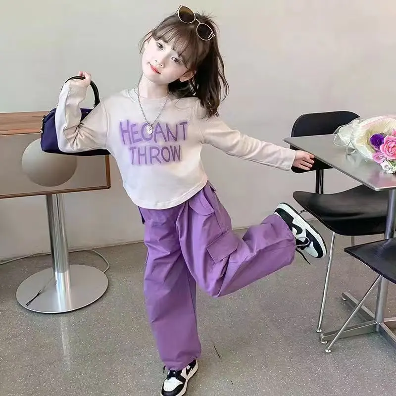 Terbaru Setelan Anak Perempuan Set Cargo Atasan Lengan Panjang+Celana Panjang Warna Ungu Baju Bagus Setelan Cargo Fashion