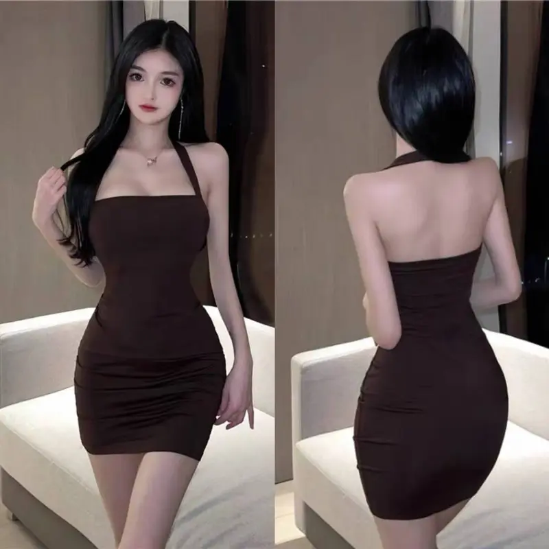 927 baju sexy party dress coklat bodycon midi gaun tanpa lengan wanita korean style dress terbaru 2024 import 0