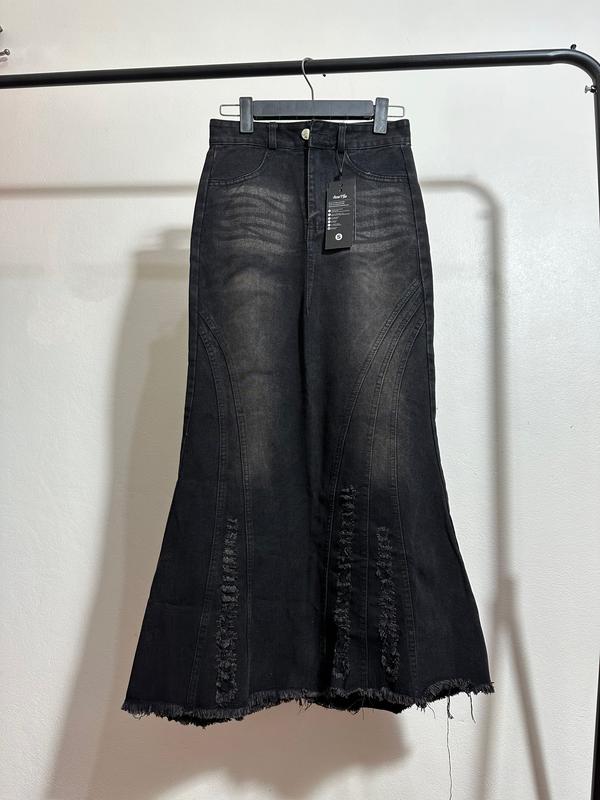 Chân váy jean đuôi cá rách gấu ôm body nữ váy bò dài xẻ tà ngang màu xanh đen V14 - S/M/L/XL 1