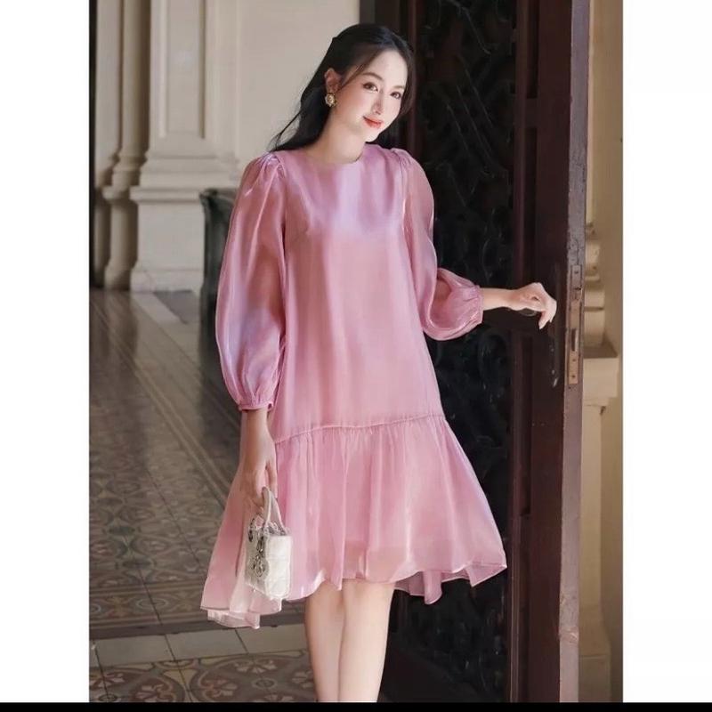 Váy bầu dài tay thiết kế màu hồng organza cao cấp[VB41] 1