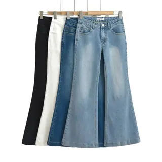 Quần jean lưng thấp ống rộng loe nhẹ cổ điển vintage 4 màu đáy ngắn đáy nông eo trễ eo nông đáy thấp