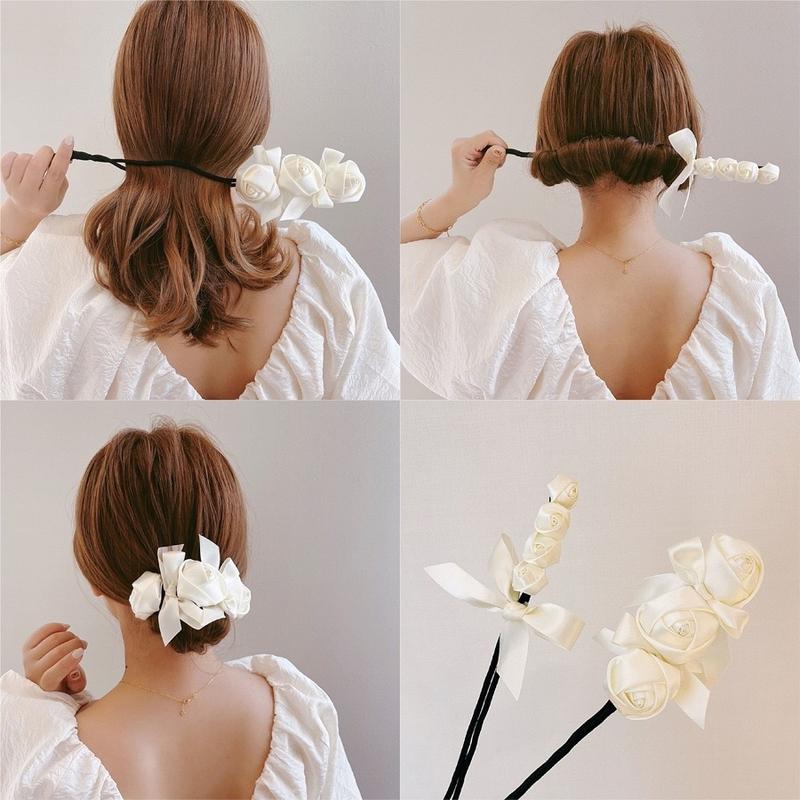  Dụng cụ búi tóc hình hoa hồng trắng ngà dây quấn kẹp búi tóc nữ tính phong cách Hàn Quốc 