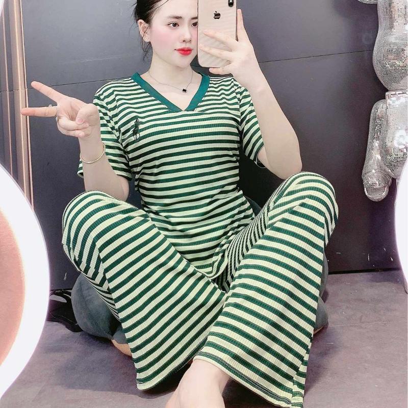 Đồ bộ nữ, set đồ nữ quần ống loe có túi, áo ngắn tay cổ tim Thun gân tăm, bộ đồ mặc nhà Women