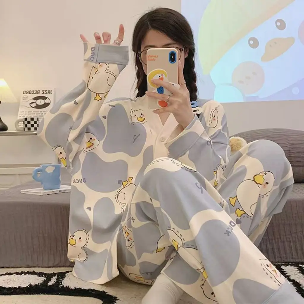 MK Baju Tidur Wanita Piyama Set Panjang Cewek Bahan Katun Polyster Motif Karakter Lucu Kekinian MK 006