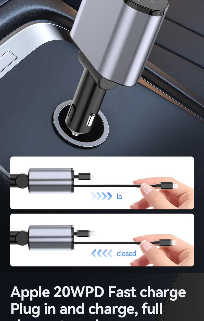 Product Introduction of new 120W multi-functional car charger for car charging elastic recovery for Apple jack and Typr-C with numerical display direction adjustable multi-port work simultaneously luggage  holder universal  travel tessan  travel Ultra-Fast Multi-Device Type C 9