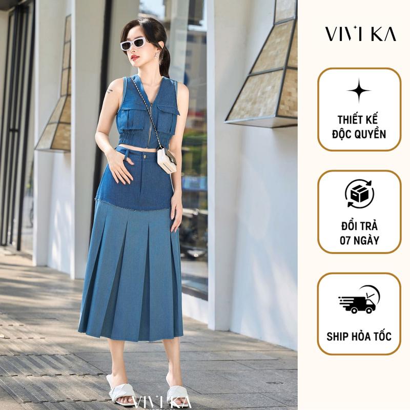 VIVIKA - Set áo denim croptop túi hộp zipper + chân váy dài xếp li - VKSE00439 Nữ Women Nhung Kem