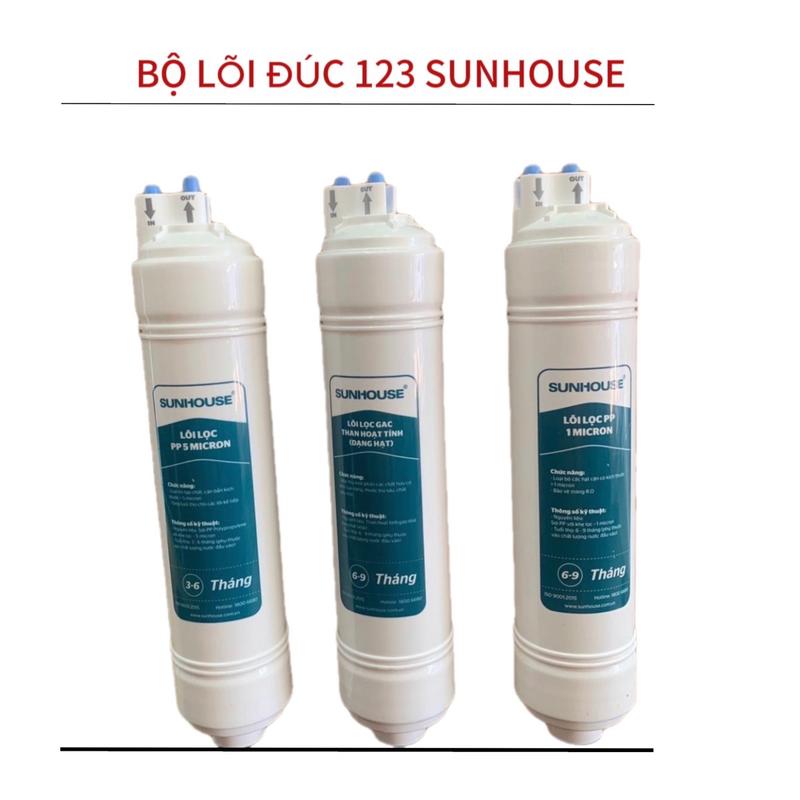 Bộ lõi lọc nước đúc 1,2,3 Sunhouse bao gồm lõi 1 PP5, lõi 2 than hoạt tính OCB- GAC, lõi 3 PP1 dùng cho máy lọc Ro sử dụng nóng , lạnh , nguội , lọc tạp chất rong rêu, bùn đất , mùi màu trong nước