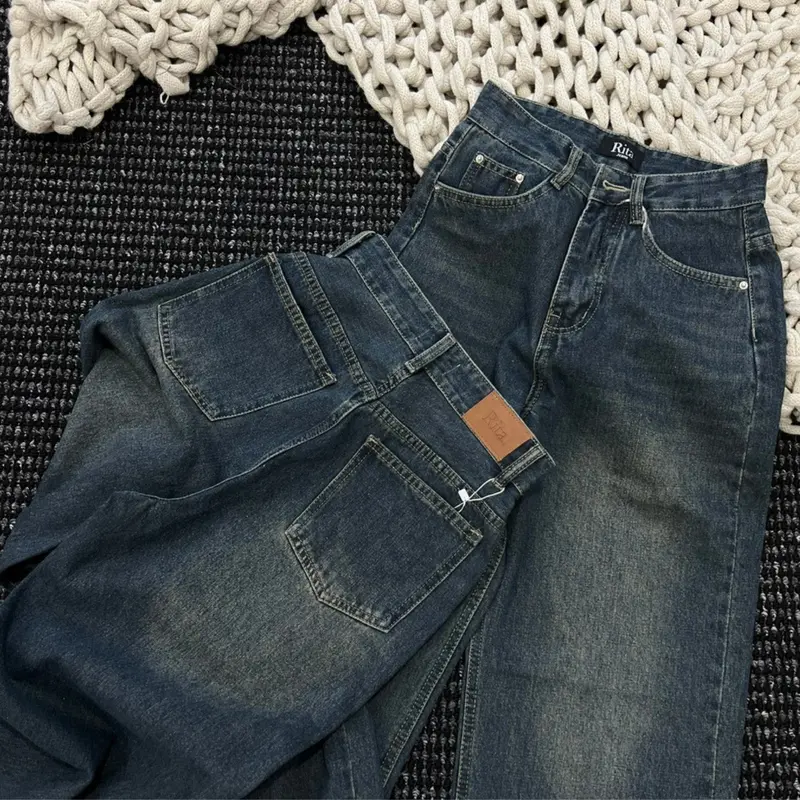 (RITA JEAN)A1 Quần Jean Nữ Ống Rộng Lưng Cao Trơn QC Mềm Lai Cuốn Màu Xanh Dài 104cm Rita Pants Women Denim 2