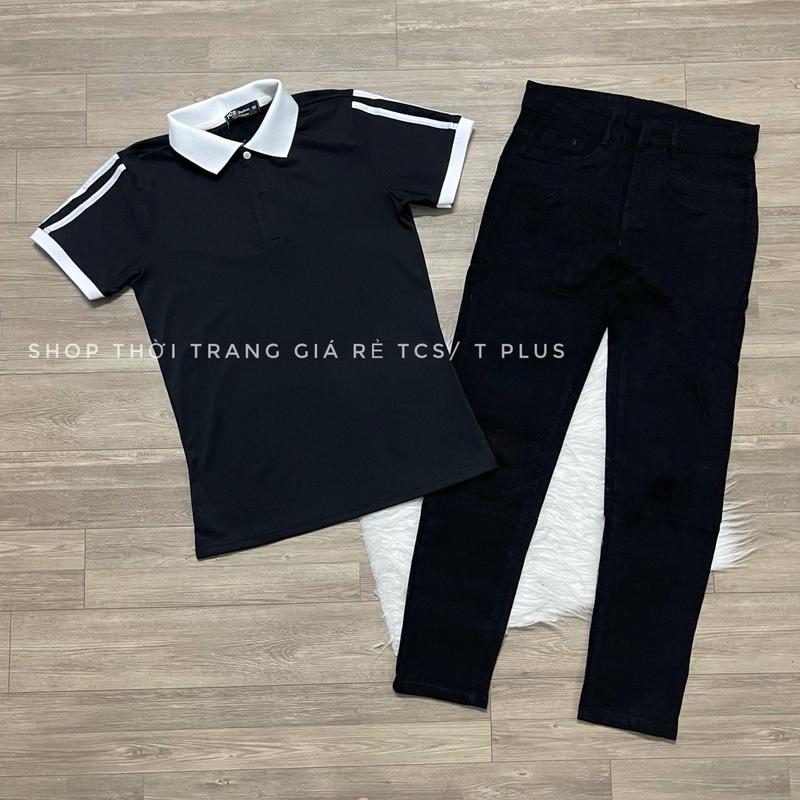  1 bộ   áo thun cộc tay màu đen chất thun cá sấu co giản 4 chiều thoải mái kết hợp cùng Quần jeans  màu đen ôm gọn co giản   size 45-75kg dành cho nam 