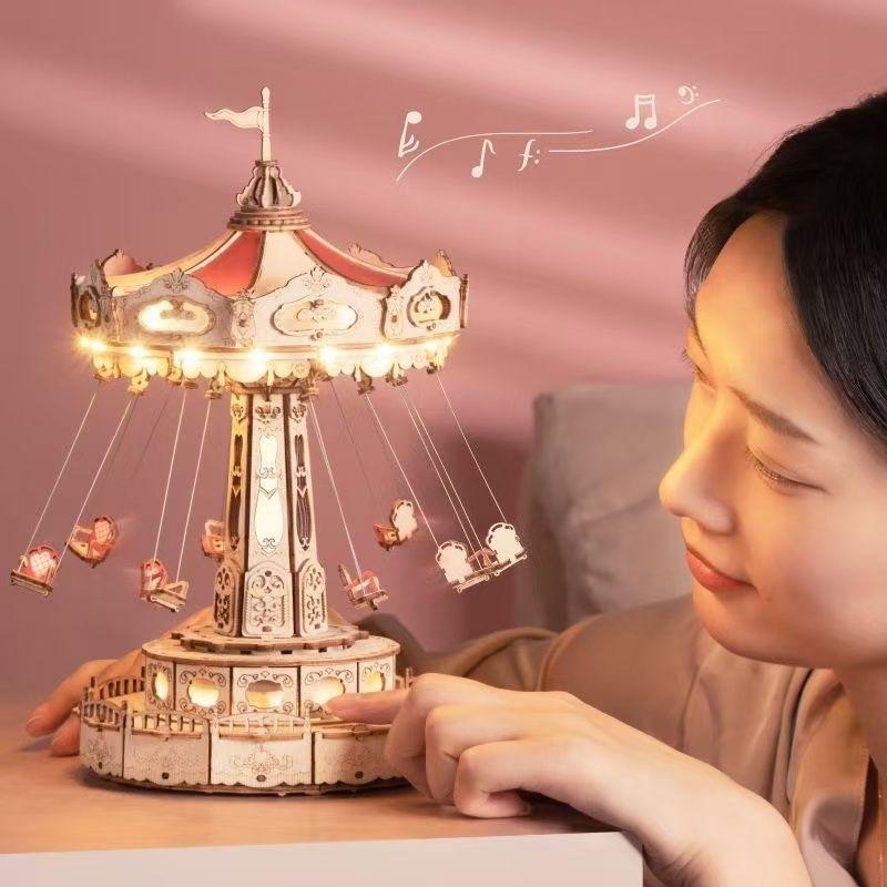 Product Introduction of Music Box Puzzle Aerial Flying Chair DIY Handmade Model Building Blocks 3D Puzzle Model Wooden Toy Driving Assembly 16