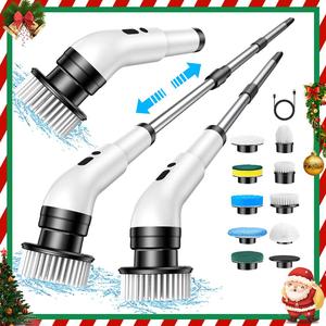 Electric Spin Scrubber, 1 Count USB Powered Cleaning Brush with 9 Counts Replaceable Brush Heads, Adjustable Extension Handle Brush for Kitchen Bathroom Floor Tile