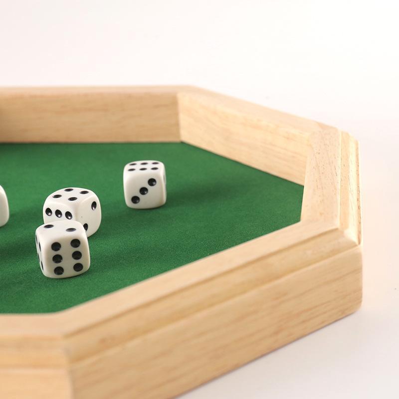Product Introduction of Wooden Octagonal Dice Tray, 1 Count Dice Tray with 5 Dice, Fun Family Toy, Party Board Game, Adult Bar Dice Game 5