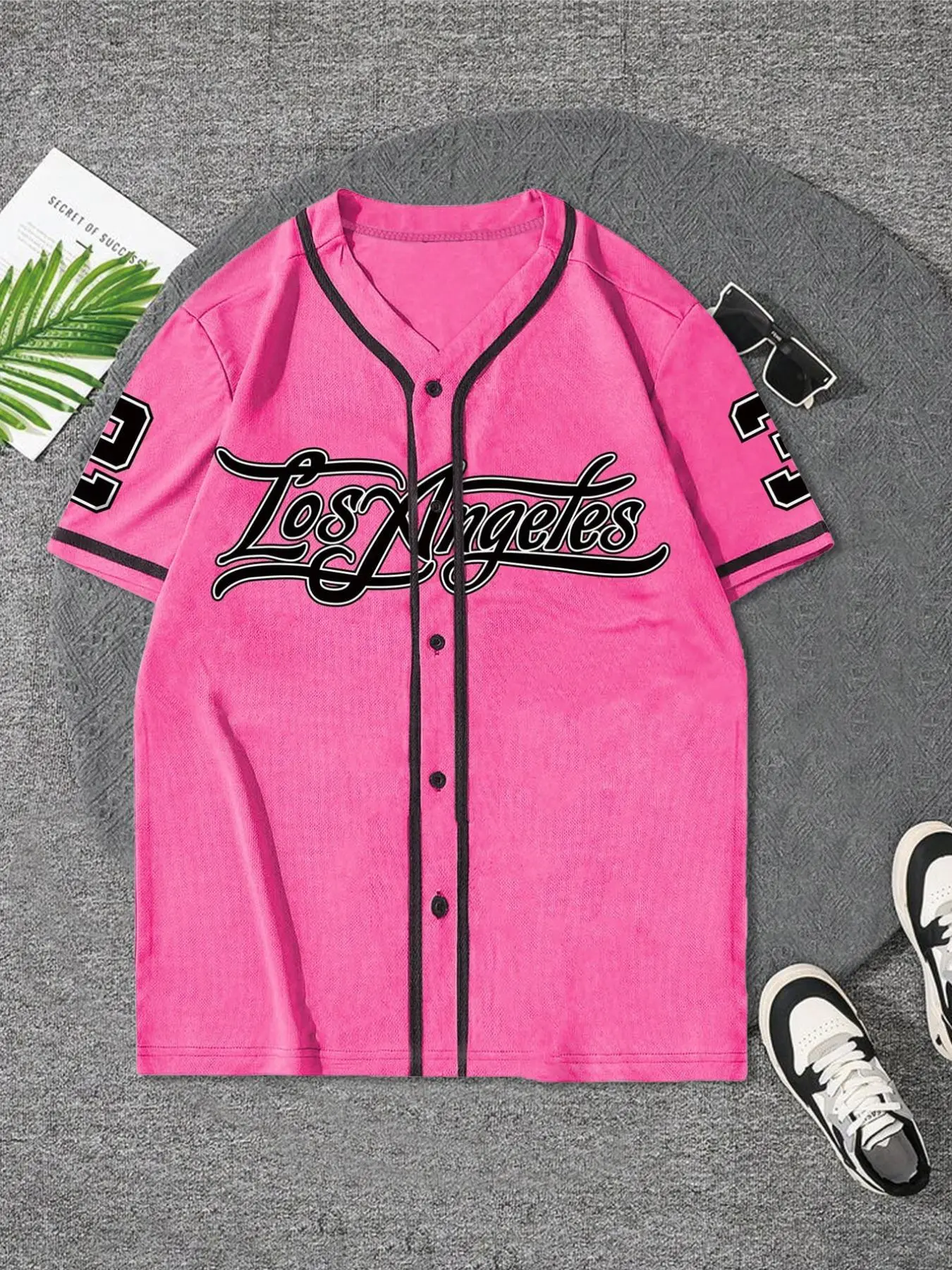 Men's Letter & Number Print Contrast Binding Baseball Jersey, Regular Fit Casual Short Sleeve V Neck Baseball Top for Summer, Fashion Men's Clothes for Daily Wear