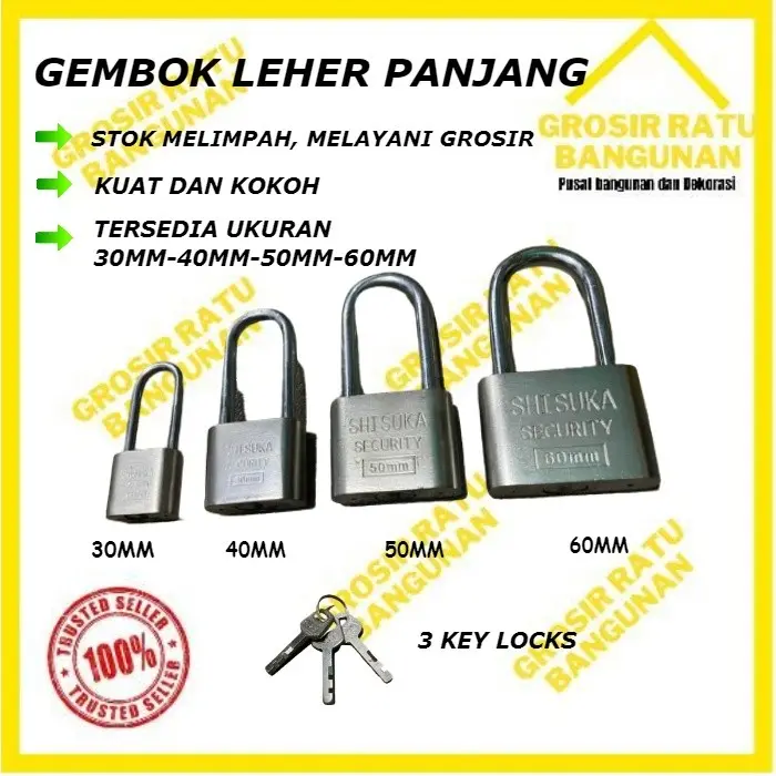 Gembok LEHER PANJANGKunci Gembok Rumah/ PAGAR Ukuran 30 40 50 60mm