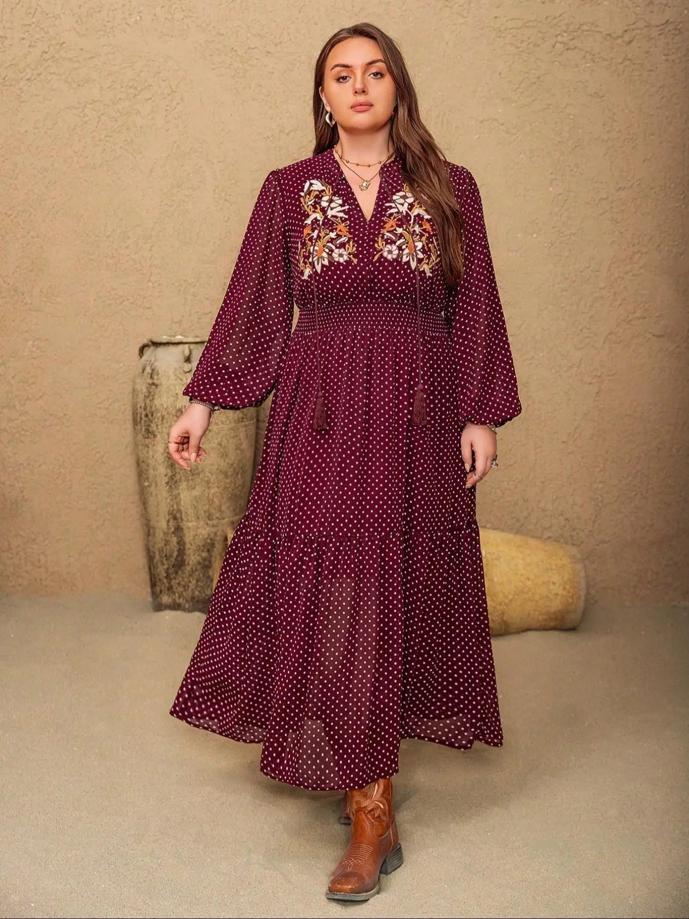 【Plus Size】 Polka Dot Print Floral Embroidery Ruffle Hem A Line Dress, Elegant Bishop Sleeve Tie Neck Long Dress for Spring & Fall, Women's Clothes for Vacation Holiday