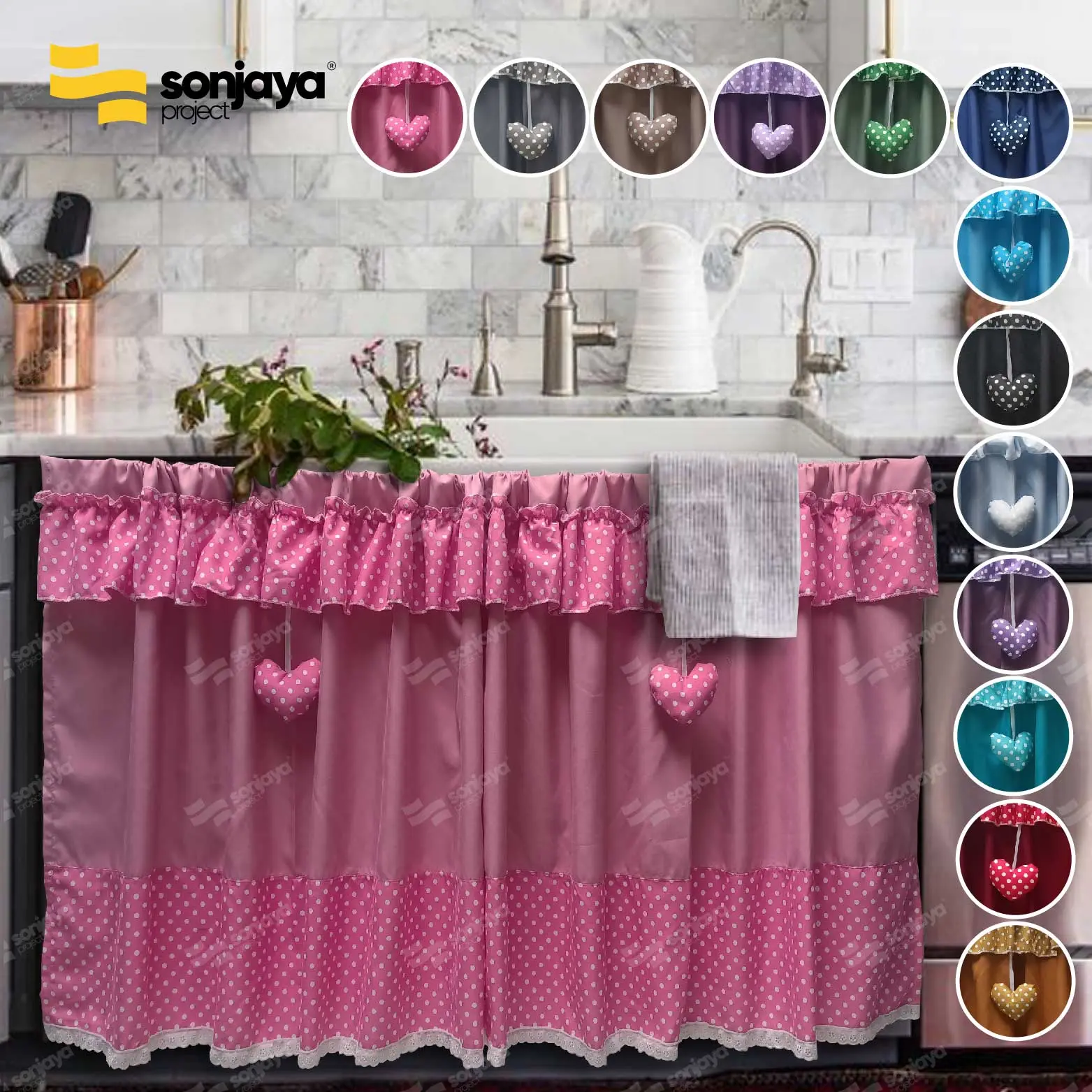 Gorden Kolong Dapur Polka Love Katun Vintage Hordeng