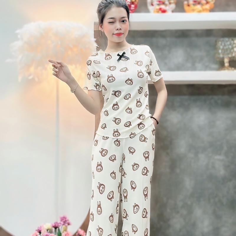 Sét Bộ Thời Trang In Hình Dễ Thương Phối Bèo Lai Quần Chất Tăm Lạnh Dày Dặn Women Áo Nữ Nhung Voi Đen