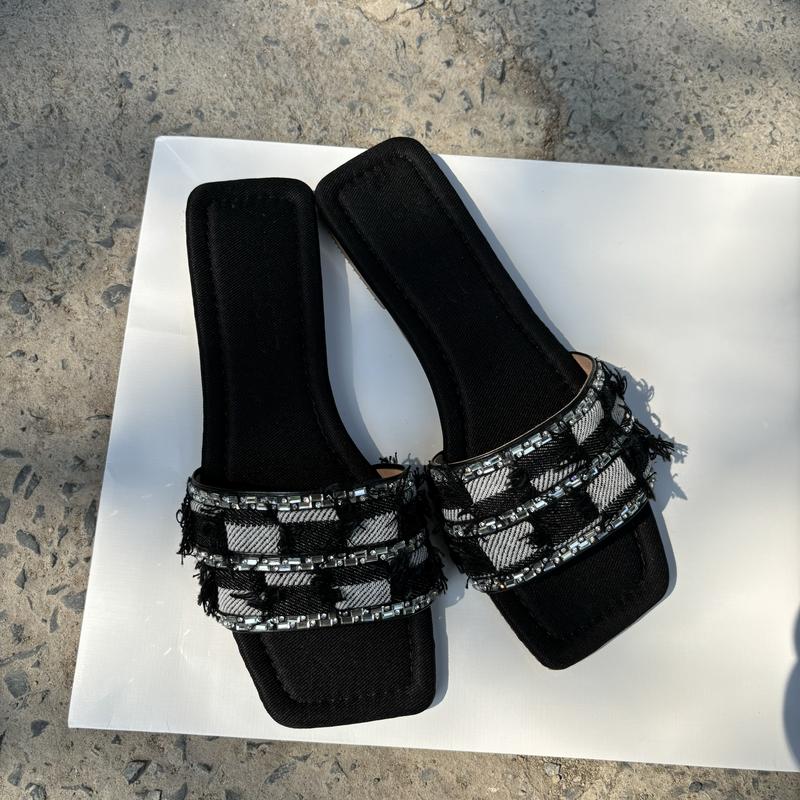 Dulcie Dép Lê Nữ Quai Ngang Phối Đá Vải CARO Phong Cách Bụi, Chống Trơn Trượt DéP Jean