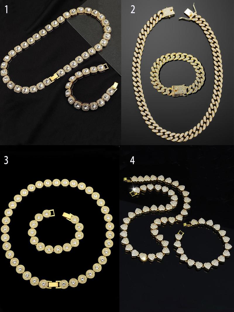 Product Introduction of Rhinestone Decorated Cuban Chain Necklace & Bracelet, Fashion Jewelry for Party, Daily Clothing Decor, Trendy All-match & Exquisite Jewelry for Birthday Gift 3