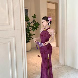 New Chinese style purple retro hanging neck dress for women 2023 summer new sexy hot girl elegant slim fit waist