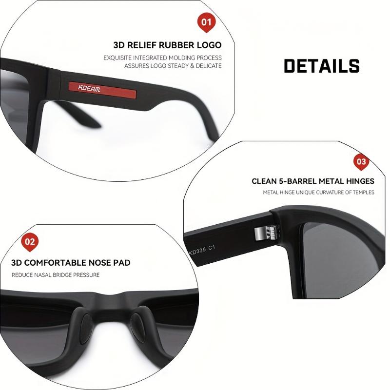 KDEAM Polarized Square Fashion Glasses for Men - Protection, Comfortable 3D Nose Pad, Durable PC Frame & Polarized Lenses, Ideal for Fishing, Driving & Outdoor Activities, Black with Red Accents 3