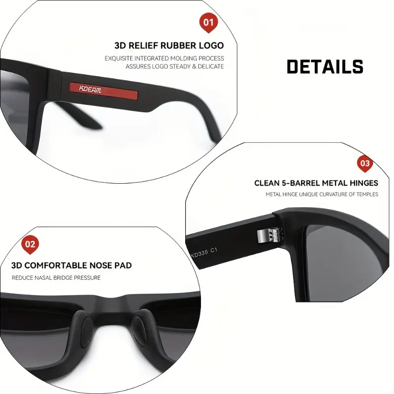KDEAM Polarized Square Fashion Glasses for Men - Protection, Comfortable 3D Nose Pad, Durable PC Frame & Polarized Lenses, Ideal for Fishing, Driving & Outdoor Activities, Black with Red Accents 3