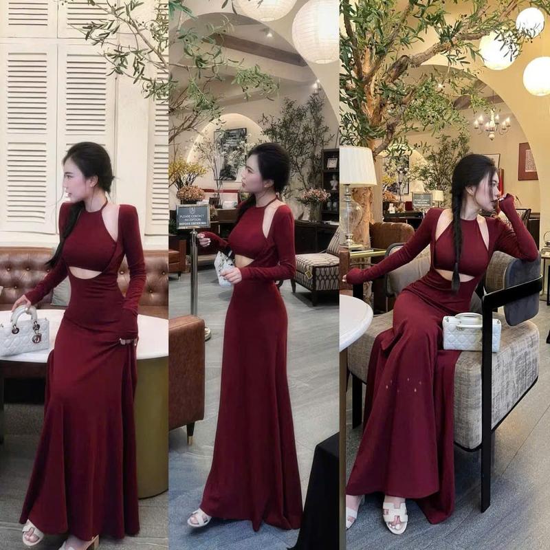 Đầm cổ yếm tay dài dáng xòe xinh xắn - chất thun gân lạnh H0745 Váy boby , váy body nữ tôn dáng , váy xinh , váy đi tiệc , váy đi biển