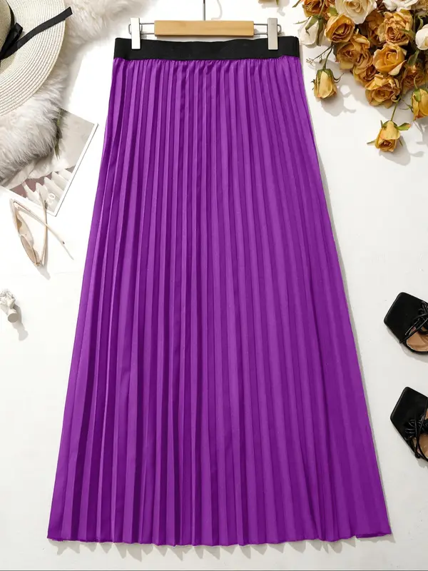 【Plus Size】 Solid Pleated Skirt, National Day Clothing, Elegant Fashion A-line Skirt for Daily Outdoor Wear, Women Plus Clothing for Summer 3