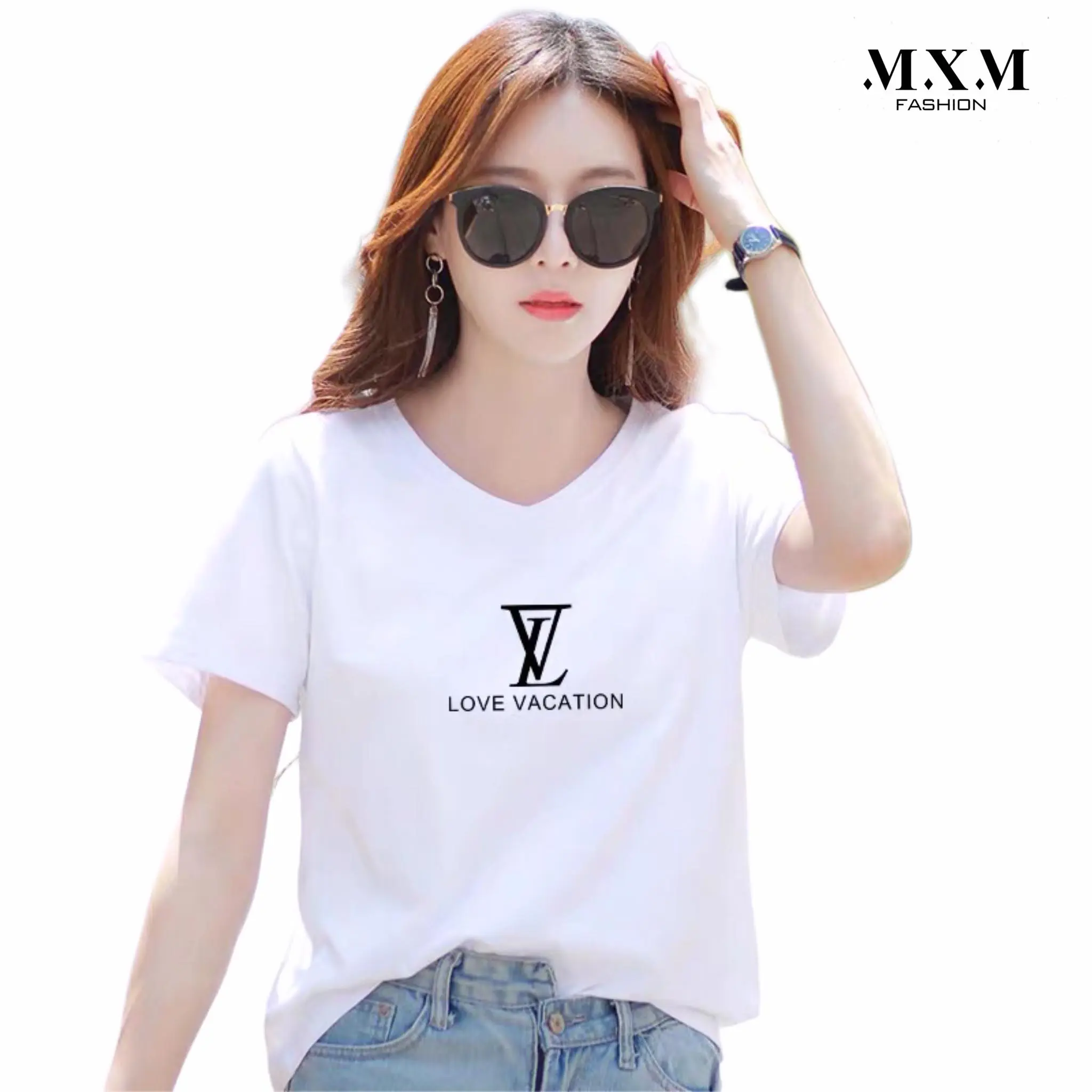 Áo thun nữ form rộng cổ tim MXM in chữ thời trang cotton 4 chiều từ 40-60kg Top cổ tim Trắng Women