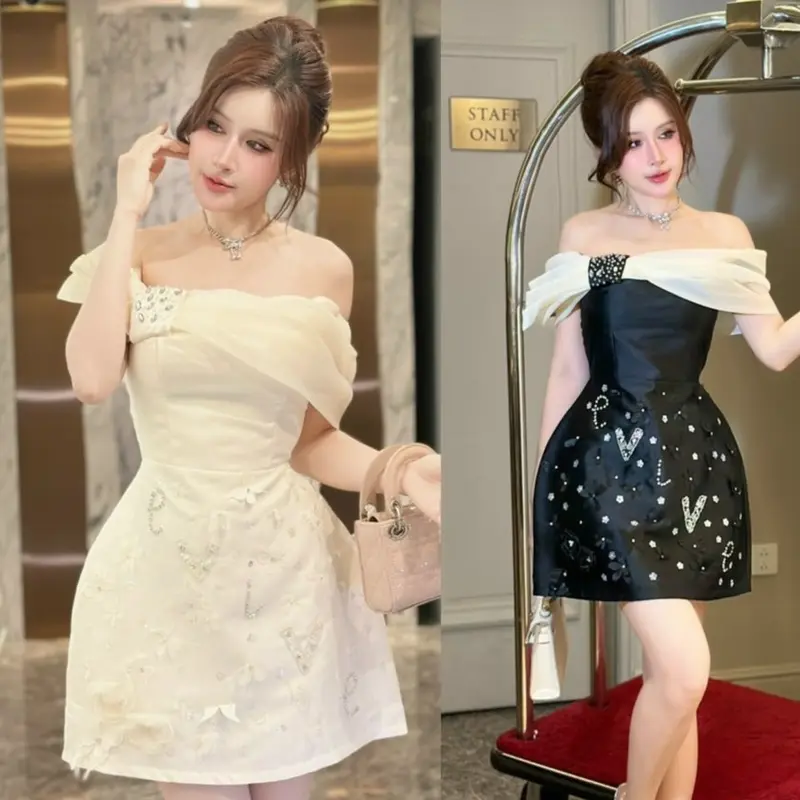 Váy thiết kế- váy taffta trễ vai phối tơ đính đá hoạ tiết khâu thủ công dáng A nữ dáng ngắn Women 2