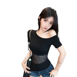 Design Sense Hollow Black Silk Patchwork Asymmetrical Off-Shoulder Black Short Sleeve T-Shirt for Women Summer New Hot Girl Waist-Cinching Top