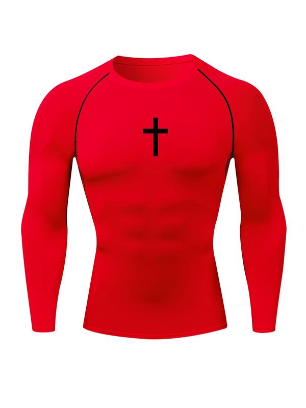 Men's Cross Print Round Neck Sports Tee, Tight Sporty Quick Drying Breathable Long Sleeve T-shirt, Men's Sportswear for Spring & Fall Gym Workout, Graphic Tees, Workout Clothes 3